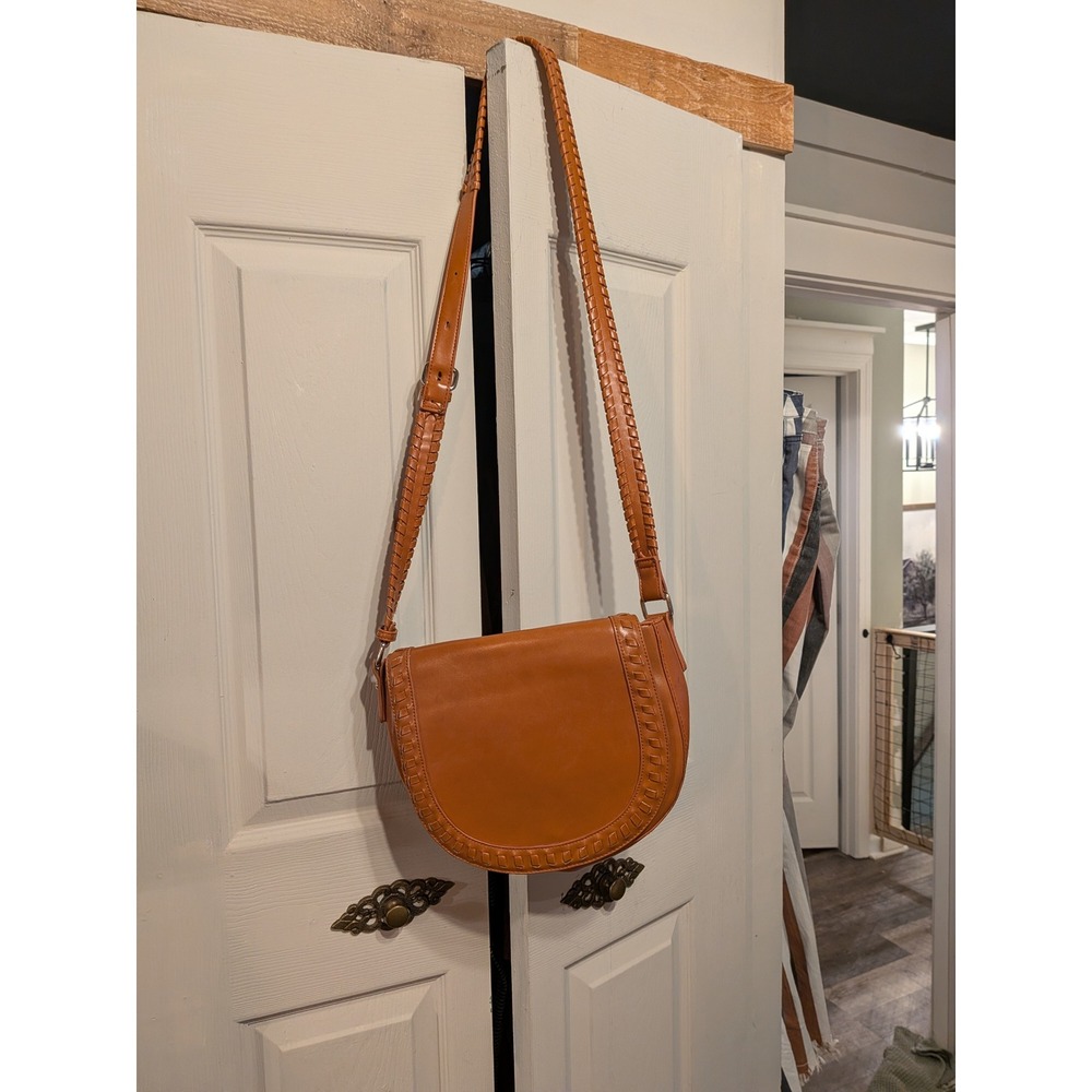 Sole Society Cognac Brown Whipstitch Saddle Bag Crossbody Leopard Print Lining